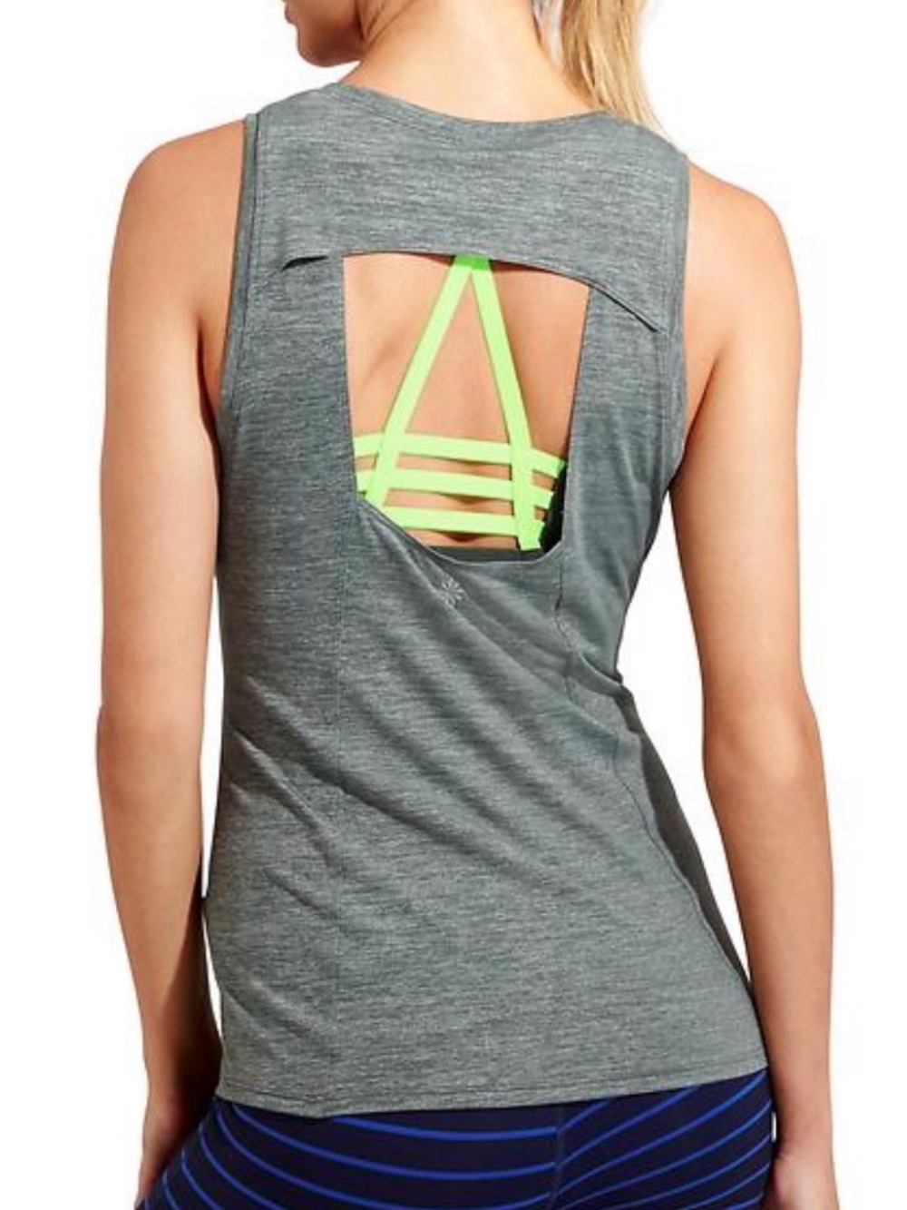 Athleta Women’s Odyssey 2-in-1 Grey Tank with Neon Green Strappy Sports Bra